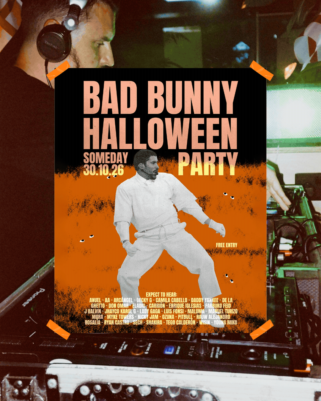 Bad Bunny Halloween Party poster for Someday, 30 October 2026, free entry